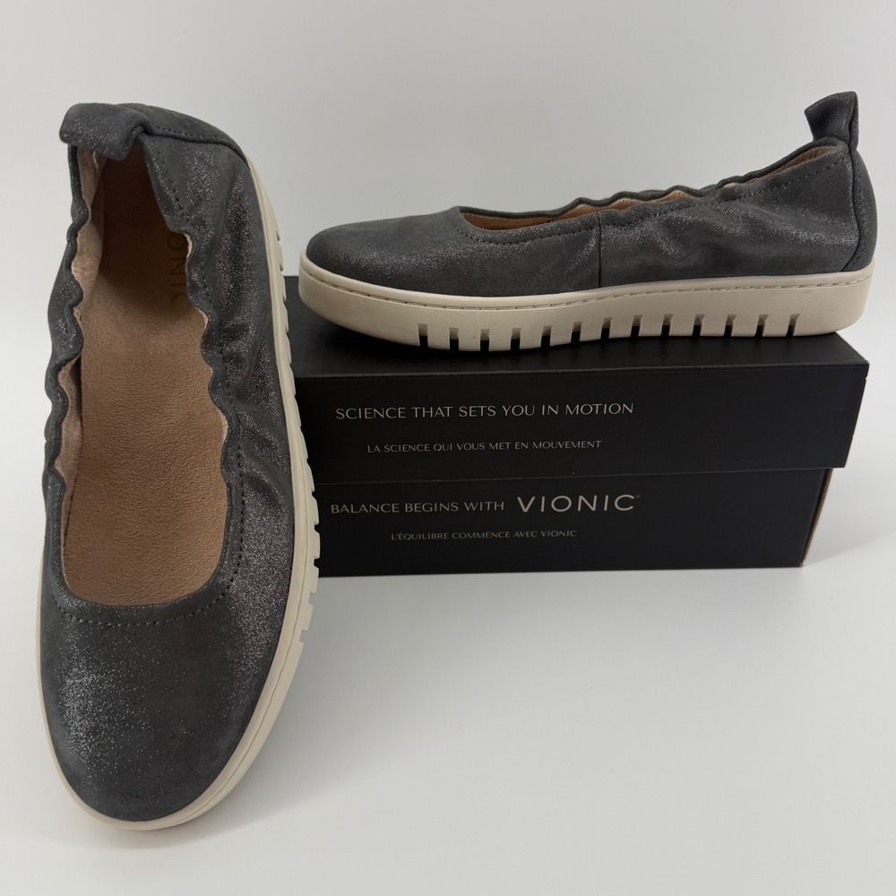 Vionic Uptown Ballet Flat Charcoal Metallic Leather Sneaker Sole Shoes 7.5 M NEW